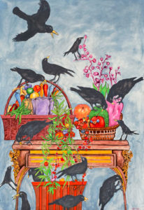 Black Birds Attacking a Still Life Table